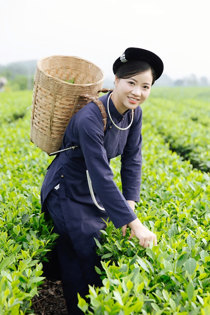 chị Nguyễn Thị Khánh Linh - HTX Trà Búp Ngọc, xã Phú Thịnh, tỉnh Thải Nguyên trong trang phục truyền thống Tày (ảnh nguồn: Cổng thông tin điện tử tỉnh Thái Nguyên)